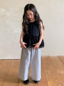 DAZY 2件套少女圆领蕾丝拼接无袖韩版上衣和宽松休闲阔腿裤套装 - 黑色 - 查看 4