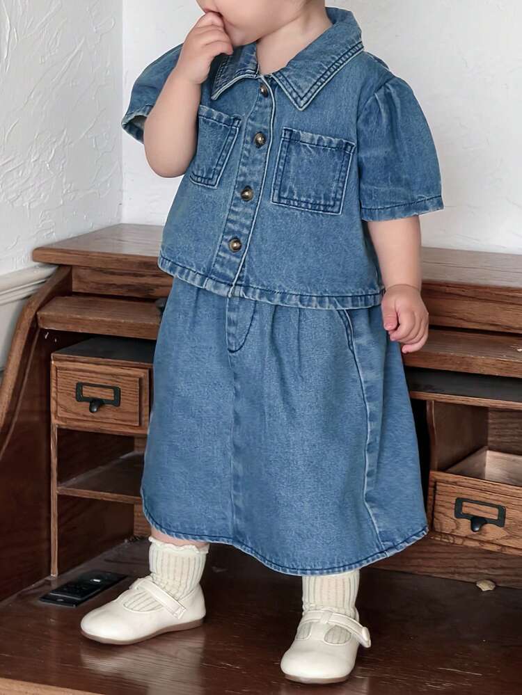 2pcs Baby Girls Casual Korean Style Washed Denim Collared Top And Denim Skirt Set Summer Toddler Girls Clothes