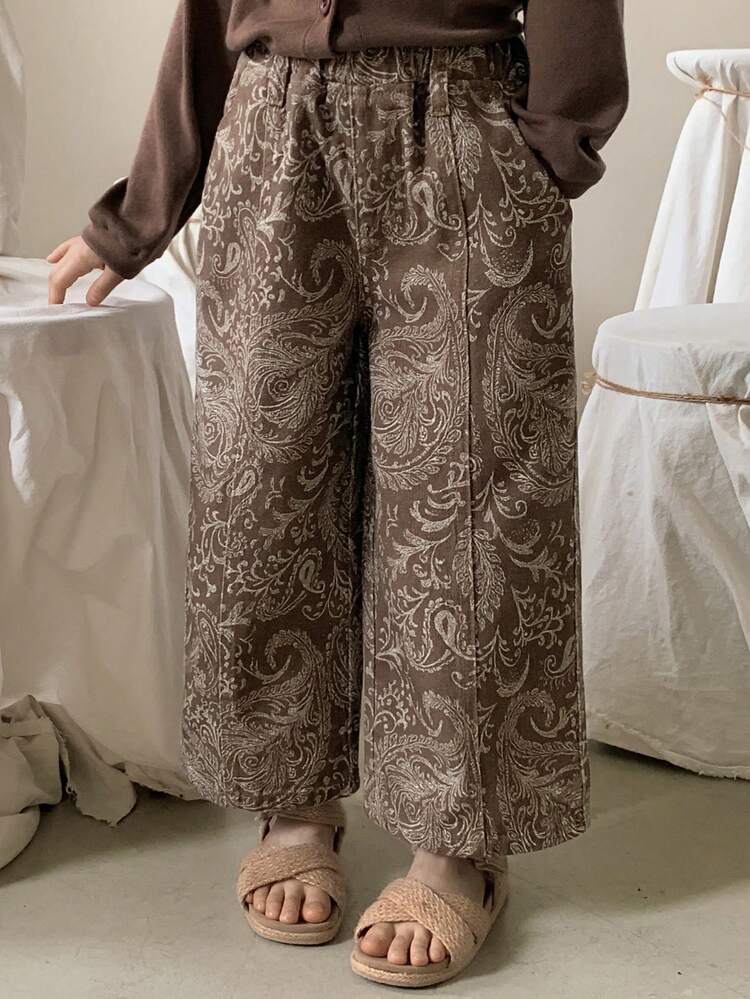 Young Girls Retro Korean Style Washed Cashew Flower Washed Denim Jeans