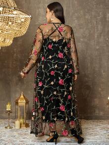 EMERY ROSE Femmes grande taille Veste élégante vintage romantique en mousseline de soie brodée Jalabiya Ramadan à manches longues fine, printemps/été - Noir - Voir 2