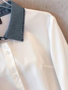 SHEIN PETITE Women's Casual Denim Effect Print Long Sleeve Shirt - White - View 4