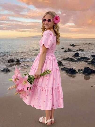 Teenage Girls' Multicolor Striped Fuchsia Bow Decor Top With Cap Sleeve And Layered Ruffle Skirt, Fashionable And Elegant For Daily, Work, Party And Occasions