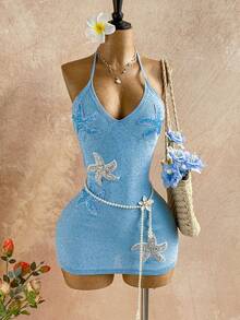 Soleia Vestido mini de escote cuadrado, ajustado y con lentejuelas con forma de estrella de mar, estilo vacacional, sexy y encantador, adecuado para primavera/verano - Celeste - Ver 1