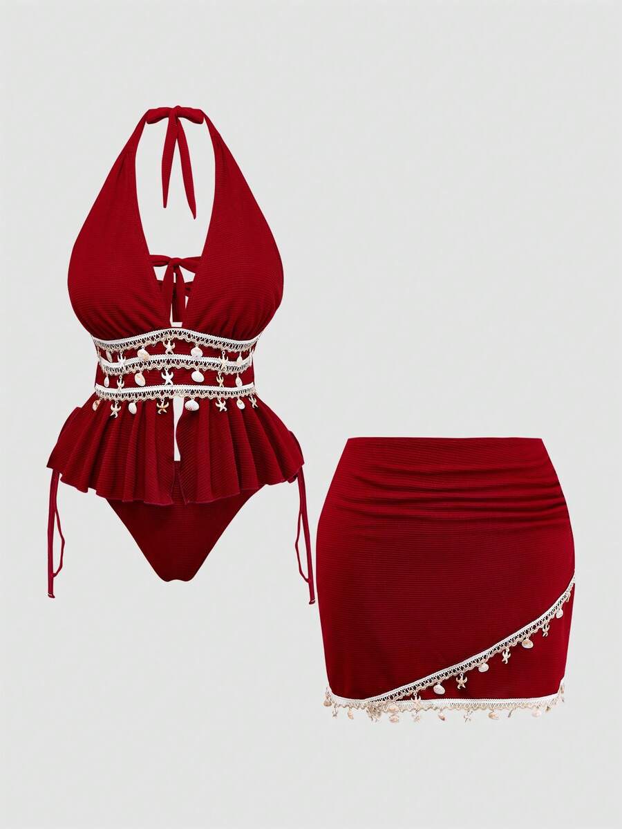 SHEIN 大码夏季度假舒适纹理面料度假贝壳装饰配饰大码坦克泳衣套装，大码坦克泳衣 - 酒紅色 - 查看 1