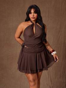 Rustia Plus Size Women 2-Piece Set: Solid Color Cutout Side Halter Top And Contrast Lace Midi Skirt, Fashionable - Purple - View 6