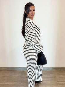 MDEdit Women's 2pcs Set Loose Striped V-Neck Drop Shoulder Long Sleeve T-Shirt &Elastic Waist Striped Pants, Winter Sweater Suit ,Autumn/Winter Casual - Black and White - View 3