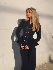 Sydney Algeri 2pcs Set: Elegant Casual Commuter Blue Stand Collar Flare Sleeve Cinched Waist Cardigan & Straight Leg Knit Sweater, Autumn/Winter - Blue - View 5