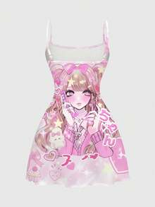 ROMWE Kawaii Anime Inspired Girly Heart Slogan Fully Allover Print Mini Dress For Women - Pink - View 2