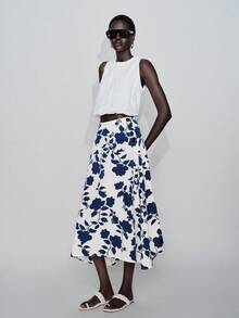Lumivelle Women's Casual Vacation A-Line Low Waist Blue Floral Print Skirt Long Floral Skirt Flower Skirt Skirt Midi - Blue - View 7