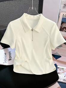 Resyla Half-Zip Polo Collar Short Sleeve T-Shirt, Pleated Shoulder, Waist Cinched, Cropped Top - White - View 3