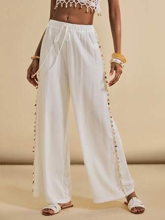 SHEIN Veneréa 女士夏季沙滩纯色阔腿裤，侧边饰有亮片装饰罩衫