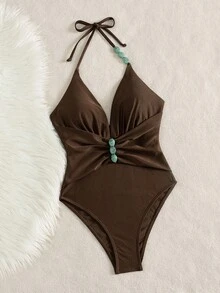 Bonvoyette 女款海灘珍珠棕深V領抽繩式一件式泳衣 - 棕色 - 查看 4