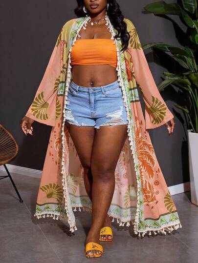 SHEIN CURVE+ Plus Size Women's Fully Printed Fringe Decoration Casual Vacation Long Sleeved Cover, Women's Summer Outfit, Women's Beach Outfit, Floral, Transparent, Holiday Outfit, Women's Beach Outfit, Dress Up, Ladies, Sarong, Elegant Set, Ladies' Palm Tree, Christmas, New Year, Thanksgiving Outfit
