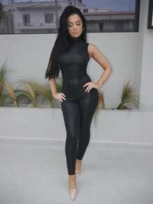 Vassilux 拉链无袖蛇纹印花连体裤，紧身，春夏 - 黑色 - 查看 1