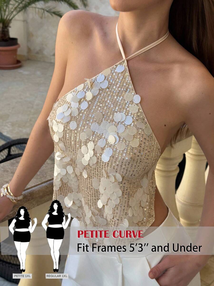 SHEIN PETITE CURVE Plusstorlek Dam Enfärgad Paljett Asymmetrisk Halterneck Camisole - Aprikos - Visa 1