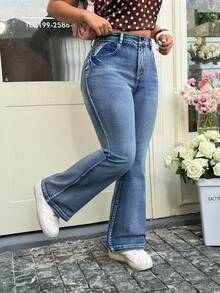 SHEIN EZwear Plus Size Women Casual Pockets Flared Leg Jeans Pants, Versatile For Spring/Summer - Baby Blue - View 3