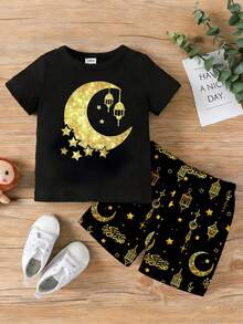 春夏男婴休闲时尚创意个性化清新简约可爱发光灯笼、月亮、星星图案印花短袖T恤和短裤套装，舒适温暖的夏季款式，适合春夏及节日场合。 - 彩色 - 查看 4