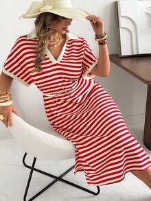 Ceyna 大码条纹针织休闲度假迷你连衣裙，春夏女士度假连衣裙，夏季钩针连衣裙，钩针罩衫连衣裙，带袖夏季连衣裙，夏季休闲连衣裙，条纹图案连衣裙，夏季条纹连衣裙，红色条纹连衣裙，针织条纹连衣裙，休闲夏季连衣裙，女士假日连衣裙，女士度假套装，条纹连衣裙，女士红白连衣裙 - 紅色 - 查看 2