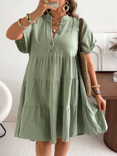 Ceyna Plus Size V-Neck Polo Sleeve Casual Washed Gauze Crinkle Dress