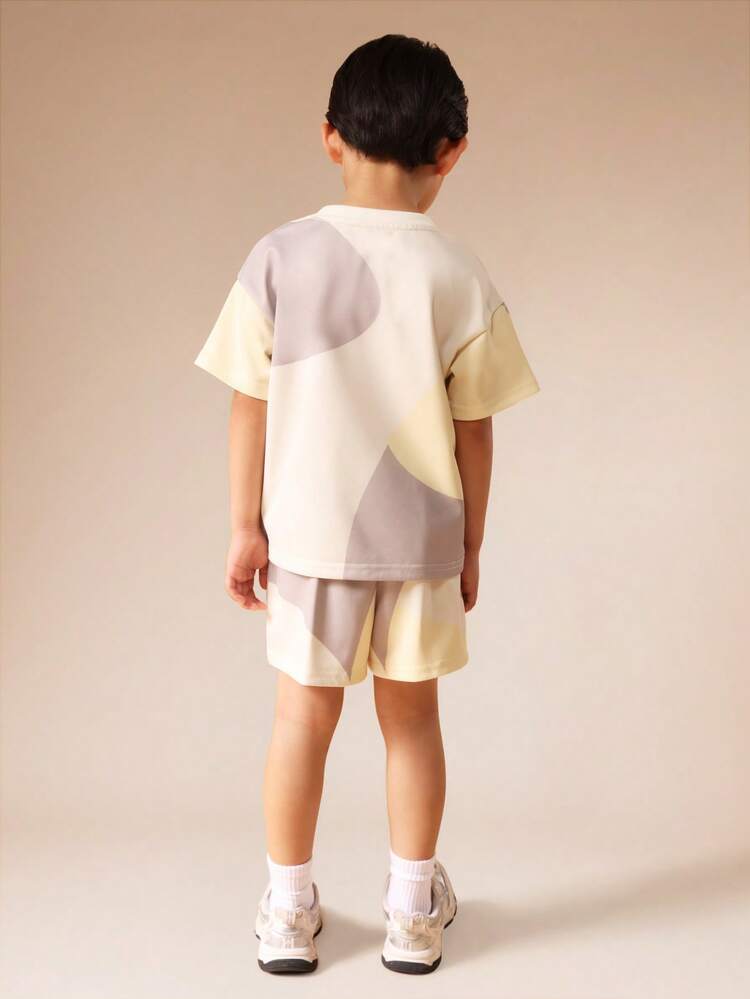 Color Block T-Shirt And Shorts Set With Sun Print