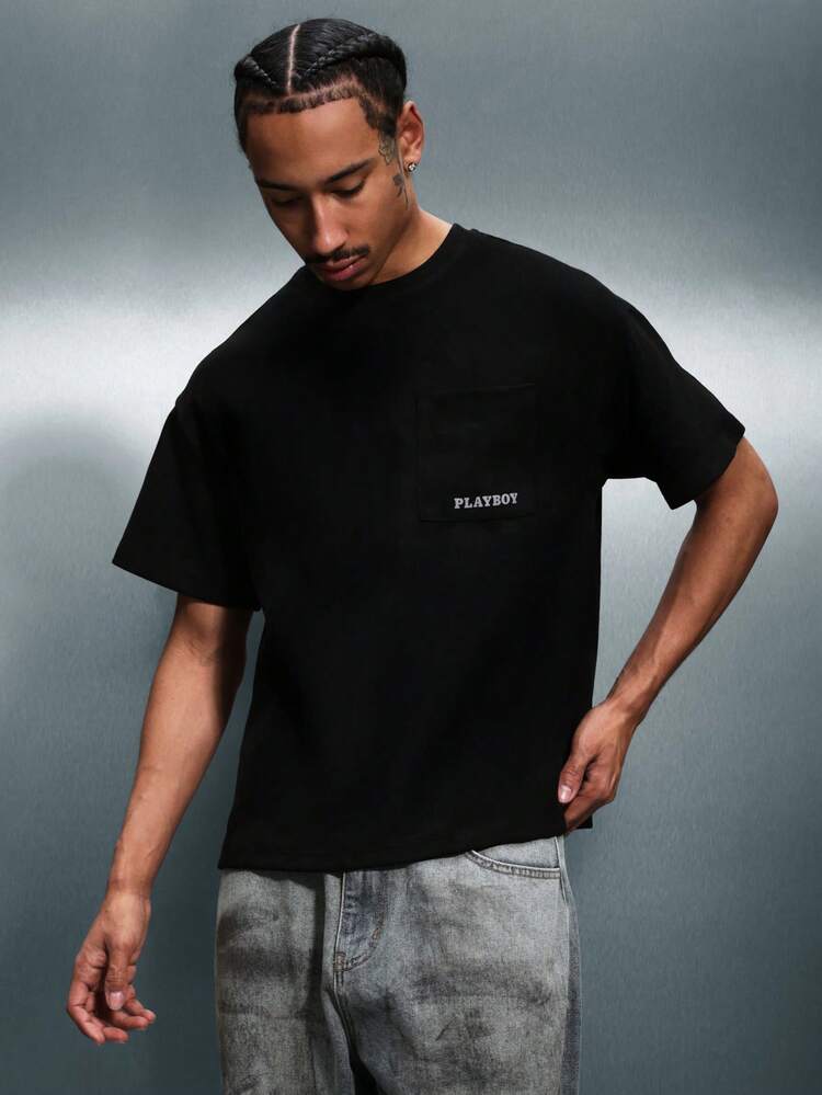 PLAYBOY X SUMWON Men Boxy Fit Crew Neck Short Sleeve T-Shirt With Large Bunny Logo Back Print Casual Streetwear Basic Tee