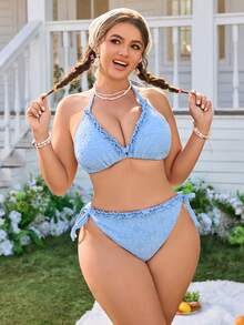 Swim Mod 2026 New Plus Size Women Floral Embossed Ruffle Halter Tie Sexy Bikini Swimwear Set - Blue - View 4