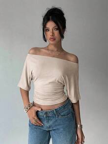 Aloruh 女士纯色露肩褶皱休闲百搭通勤长袖T恤 - 白色 - 查看 6