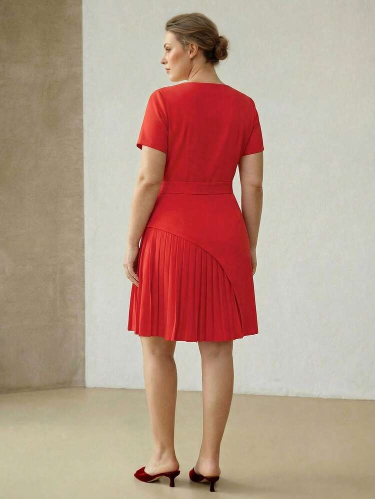 PLUS SIZE PLEATED PATCHWORK SHORT SLEEVE DRESS, SPRING/SUMMER