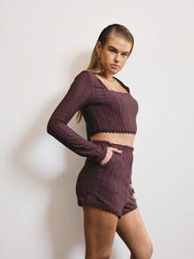 Aralina 2pcs Women Solid Color Lace Patchwork Square Neck Long Sleeve Top And Shorts Set - Burgundy - View 5