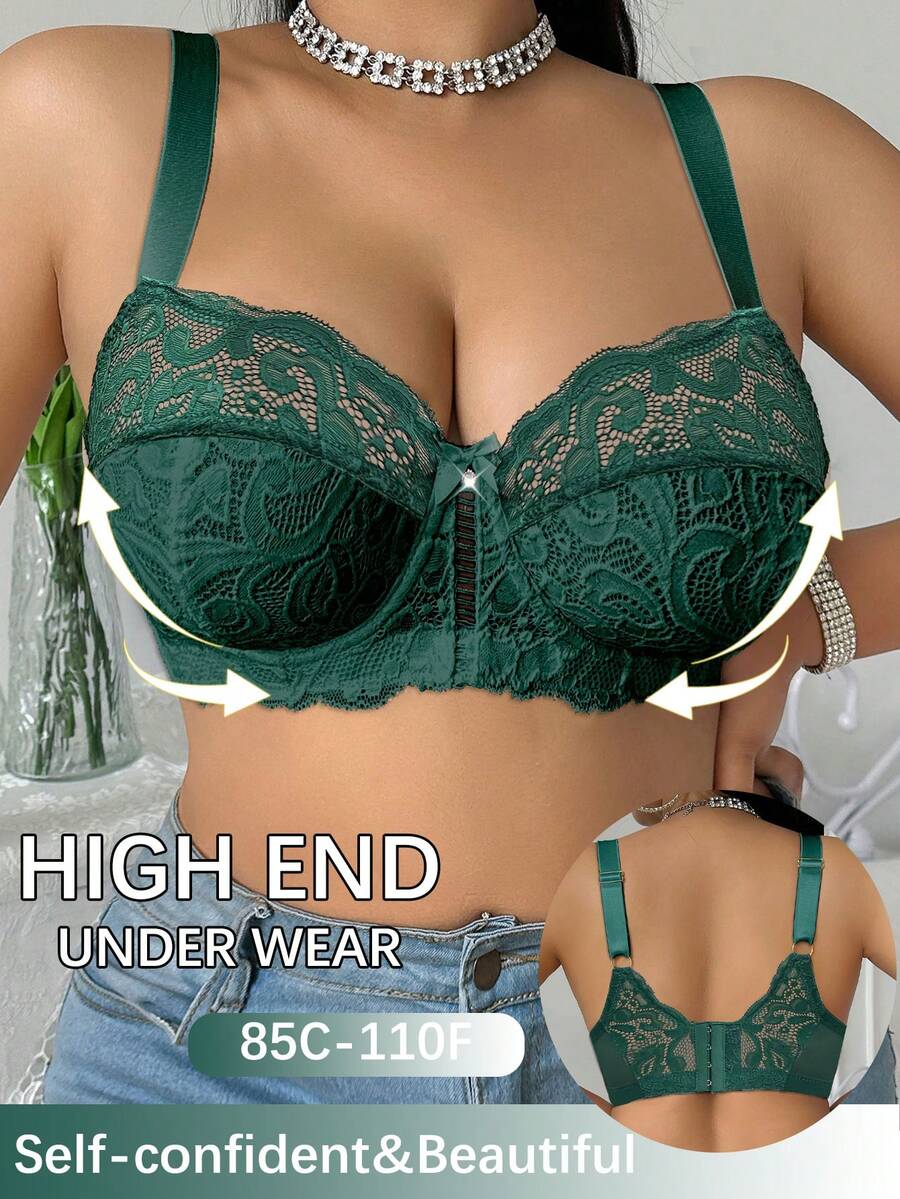 DesireSculpt 1 pieza Sujetador con aros de encaje para mujer de talla grande - Verde militar - Ver 1