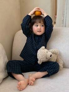 DAZY 女婴格子印花长袖衬衫和宽松长裤睡衣套装（2件套） - 藏蓝色 - 查看 6