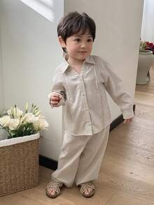 DAZY 2pcs Toddler Boys' Collared Long Sleeve Shirt And Casual Long Pants Set - Apricot - View 5