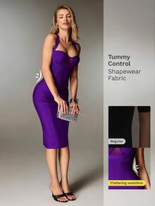 Nuvra 女士纯色网纱粗肩带吊带针织腰带露背开衩绷带紧身连衣裙，度假款 - 紫色 - 查看 1