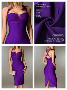 Nuvra 女士纯色网纱粗肩带吊带针织腰带露背开衩绷带紧身连衣裙，度假款 - 紫色 - 查看 8