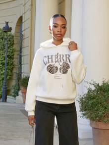 Yess Loren 休闲简约豹纹樱桃图案宽松套头连帽衫运动衫，女士秋冬装，长袖上衣 - 白色 - 查看 1