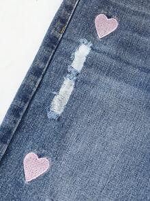 SHEIN Quần short denim dáng rộng, cạp chun, màu xanh bạc phai, thêu hình ngôi sao, phong cách đường phố Y2K dành cho bé gái tuổi teen. - Rửa trung bình - Xem 5