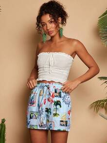 Travachic Quần short nữ in hình cây cọ, viền bèo nhún, thắt eo, thích hợp cho kỳ nghỉ. - Màu xanh lam - Xem 5