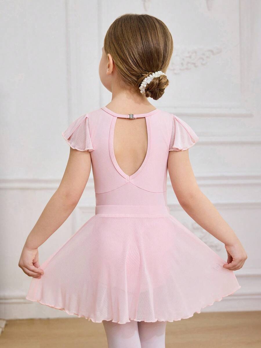 少女优雅可爱荷叶袖专业芭蕾舞紧身衣带裙，健身服 - 粉色 - 查看 1