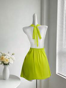 Sweetra Vestido de tirantes finos de unicolor con estilo vintage romántico europeo y americano para mujer de talla grande, nuevo vestido ajustado sexy con espalda descubierta y cruzado en el verano, vestido de tirantes finos, vestido de vacaciones, vestido de vuelta al colegio, adecuado para primavera y verano - Verde - Ver 2