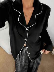 Dream Adore Conjunto de pijama a cuadros con cuello y decoración de botones para mujer de Doze Lane - Negro - Ver 4
