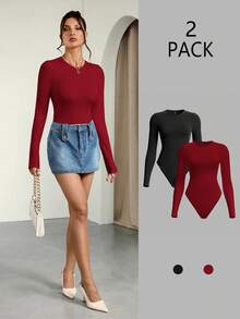 SHEIN Tall 2pcs/Set Women Solid Color Knitted Round Neck, Casual, Cozy Chic, Slim And Versatile Long Sleeve Bodysuit - Multicolor - View 2