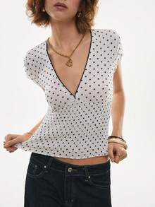 Poéselle Women's Polka Dot Print V-Neck Cap Sleeve Fitted Fashion T-Shirt, Cute Summer Top, White Top, Polka Dot Top, Valentines Day , Elegant Women's Tee , Spring/Summer - Black and White - View 6