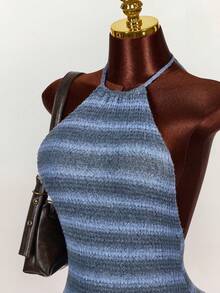 Amplova 女士性感露背吊带条纹迷你连衣裙，夏季 - 藍色 - 查看 3