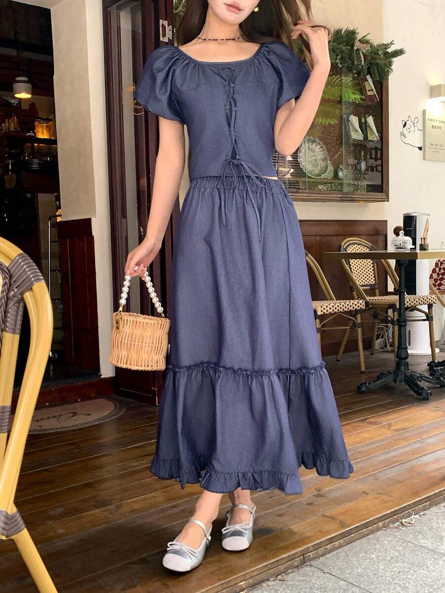 DAZY 女士圆脸牛仔衬衫+荷叶边半裙两件套，韩版休闲风 - 藍色 - 查看 1