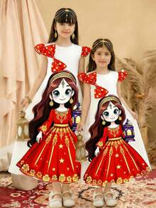 夏季女童卡通公主印花无袖连衣裙，配红色波点蝴蝶结。这款可爱的连衣裙适合各个年龄段的女孩，采用柔软的白色面料，印有色彩鲜艳的卡通公主图案。无袖设计搭配褶皱肩部蝴蝶结，更添俏皮魅力。 - 白色 - 查看 5