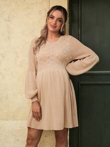 SHEIN Maternity Sweater Dress, Fitted Style, Pearl Decor Design, Casual Elegant For Daily Wear And Dates, Solid Color Long Sleeve Maternity Sweater Dress - Khaki - View 4