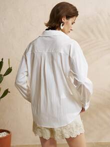 Airaco Áo sơ mi nữ dài tay, màu trơn, vai rớt, đính trái tim kim loại, kiểu dáng đơn giản, cài cúc. - trắng - Xem 2