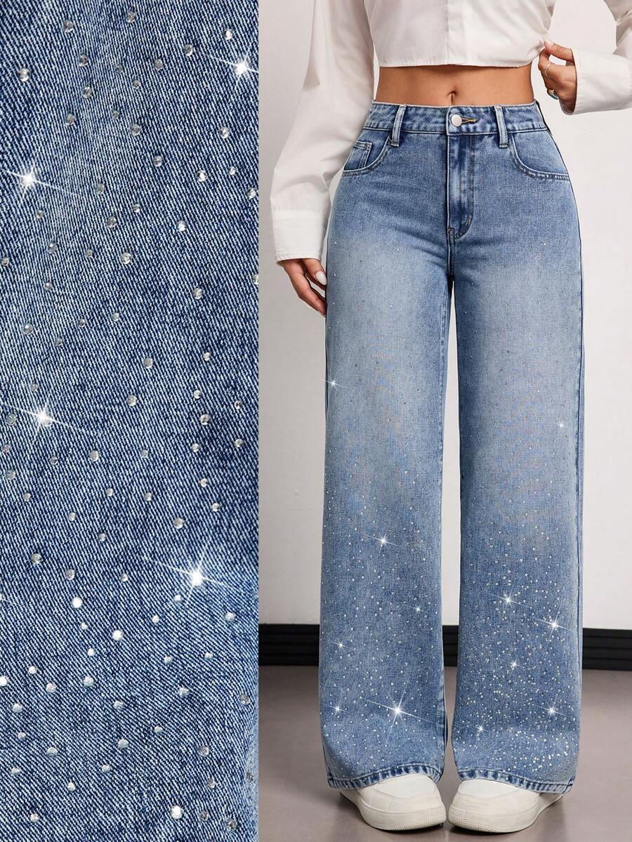 SHEIN Tall 春夏女士休闲宽松直筒牛仔裤，闪亮水钻设计，时尚派对情人节舒适水洗蓝色直筒牛仔裤 - 中等水洗藍 - 查看 1