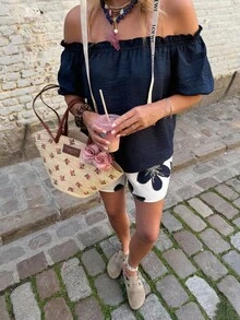 Selianne Women's Off Shoulder Blouse And Printed Shorts 2-Piece Set, Casual Holiday Outfit - Blue and White - View 5