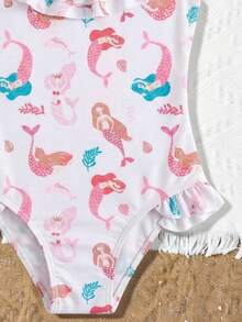 Young Girls Round Neck Ruffle Mermaid Print One-Piece Swimsuit, Summer - Multicolor - View 5